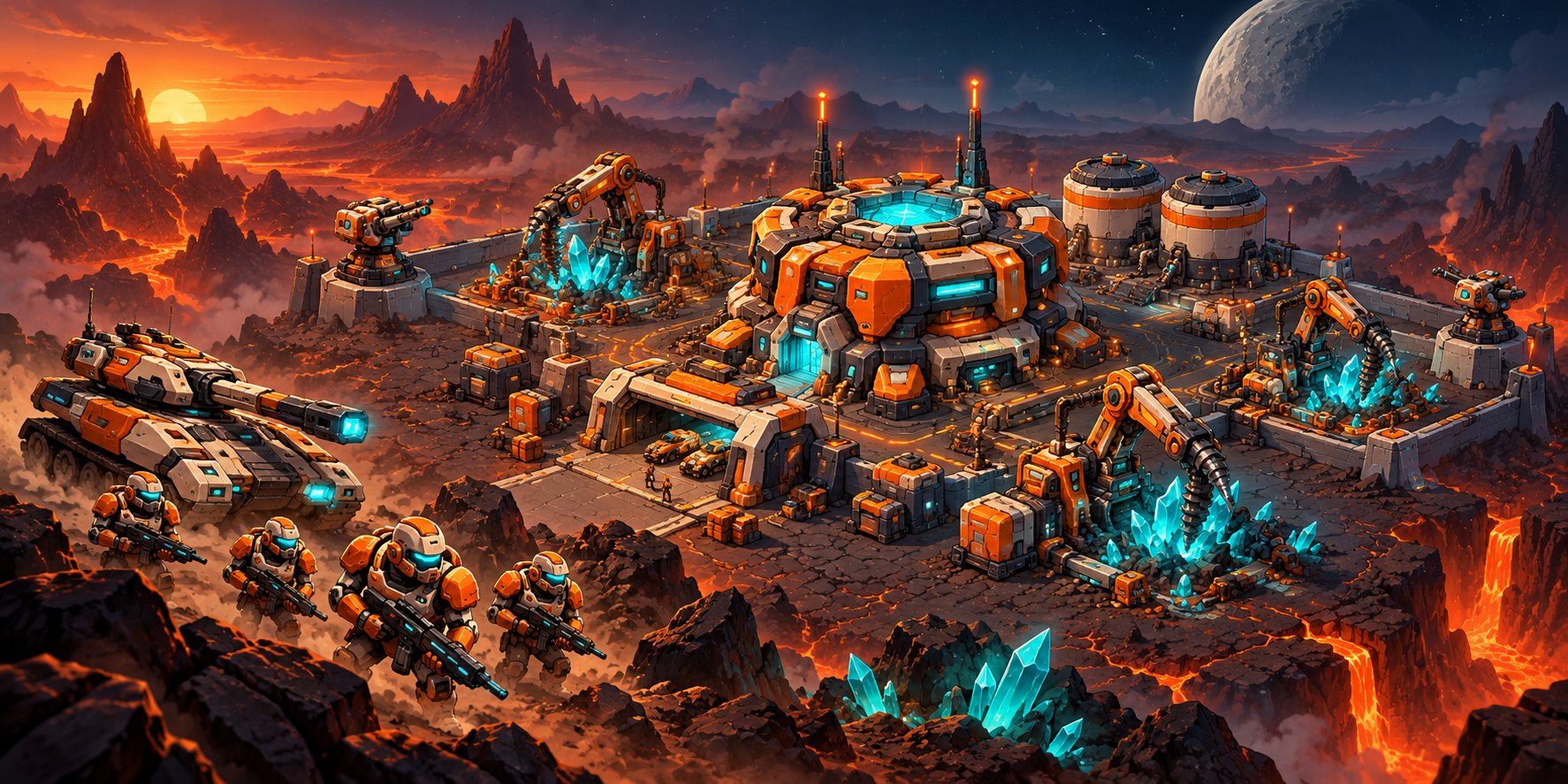 An Atropion colony at dusk: command center, extractors, silos and turrets on volcanic rock, soldiers and a hover tank in front
