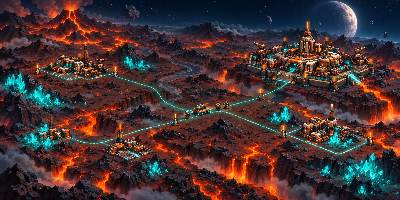 Night view over a volcanic planet with several colonies connected by routes